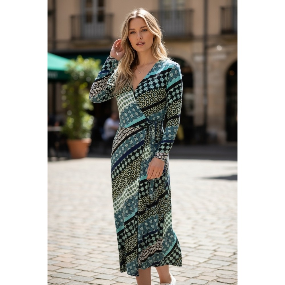 London‎ Times Geometric Print Wrap Maxi Dress Long Sleeve Women Size 4 Teal Blue